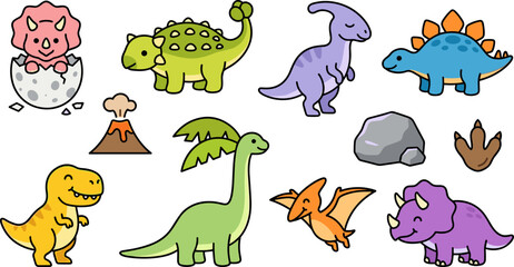Cute Chibi Dinosaur Vector Illustration Set Featuring Baby Triceratops Hatching From Egg Tyrannosaurus Rex Brachiosaurus and Volcano Elements for Nursery Designs © Mst