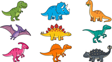 Cute Cartoon Dinosaur Vector Character Set Featuring Tyrannosaurus Rex Triceratops Stegosaurus Brachiosaurus and Pterodactyl Icons for Kids Educational and Sticker Designs © Mst