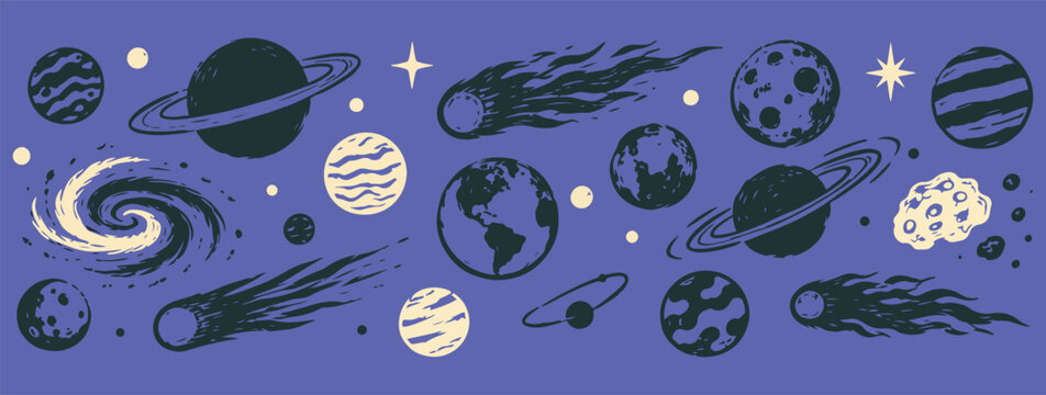 Collection of hand-drawn space elements including planets comets and galaxies for cosmic themed designs and illustrations