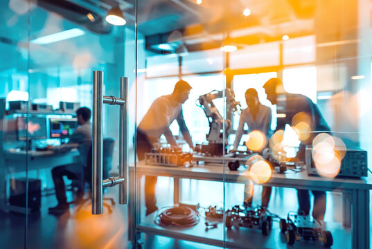Engineers silhouettes in a futuristic laboratory collaborate on a robotic arm prototype behind a glass wall with reflection and bokeh