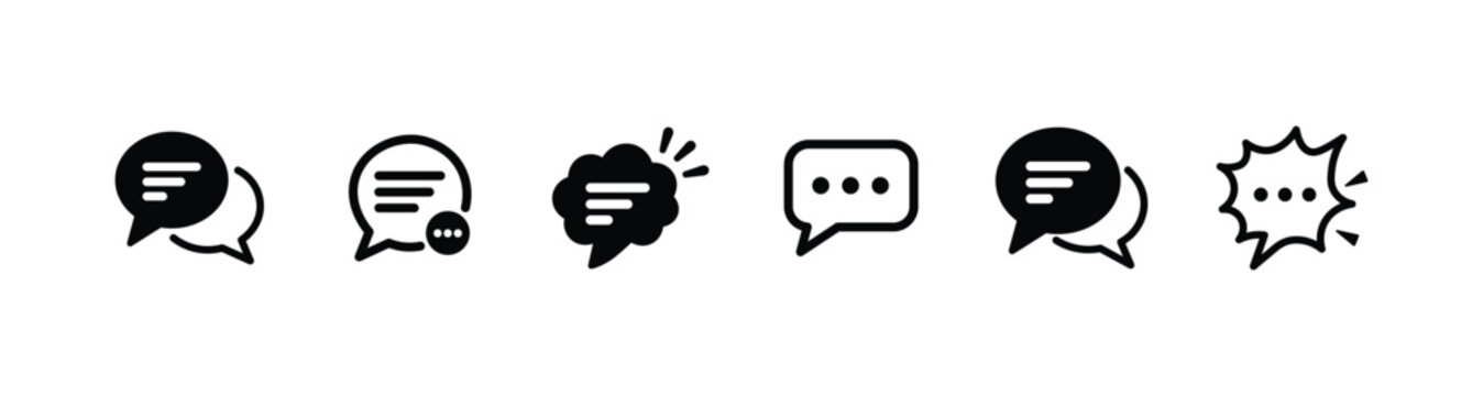 Speech bubble chat icon set featuring message conversation dialogue cloud and comment symbols in line and solid styles for website and mobile UI vector illustration