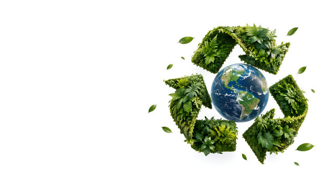 A globe surrounded by green leaves forming a recycling symbol, representing sustainability and environmental awareness, on a clean white background.