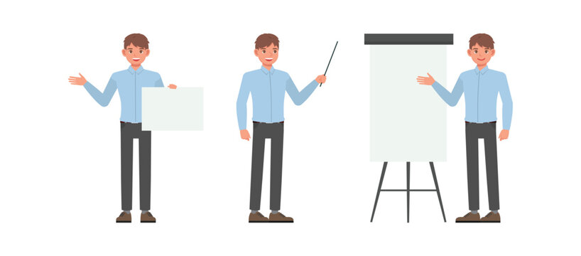 Business man wear blue shirt and working in office character vector illustration design set. Presentation in various action.