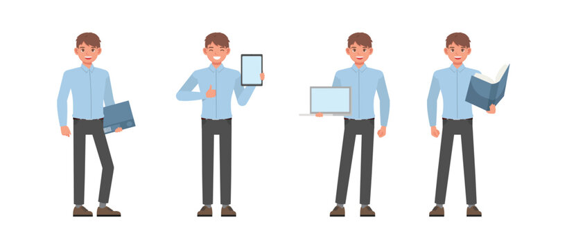 Business man wear blue shirt and working in office character vector illustration design set. Presentation in various action.