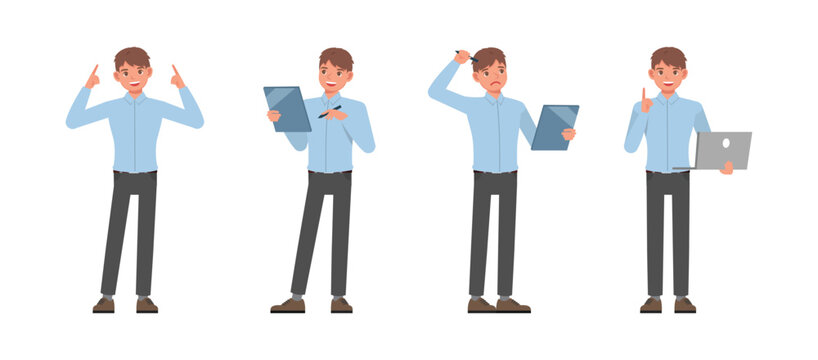 Business man wear blue shirt and working in office character vector illustration design set. Presentation in various action.