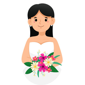 Cartoon bride holding a colorful wedding bouquet