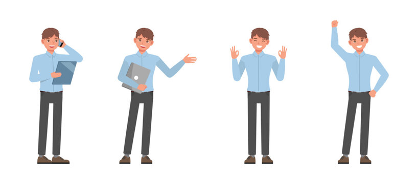 Business man wear blue shirt and working in office character vector illustration design set. Presentation in various action.