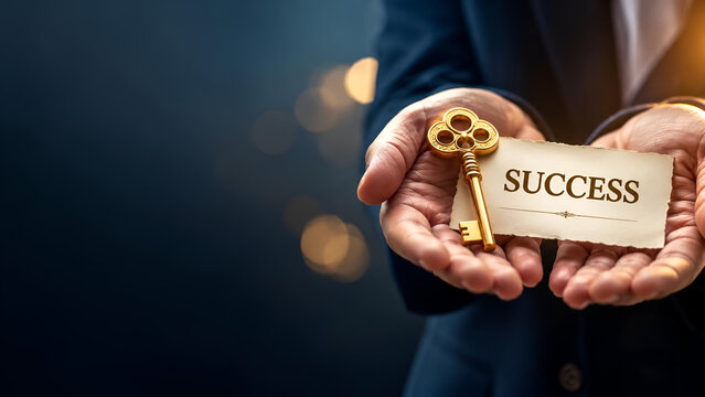 Close-up of hands holding a vintage key with a 'SUCCESS' tag, symbolizing achievement, opportunity, and unlocking potential in a business context.