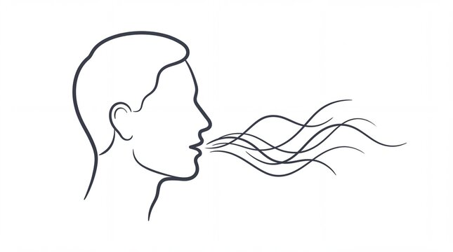 A minimalist line art illustration of a male profile blowing air from his open mouth with silhouette profile human head blowing stream air represented wavy lines