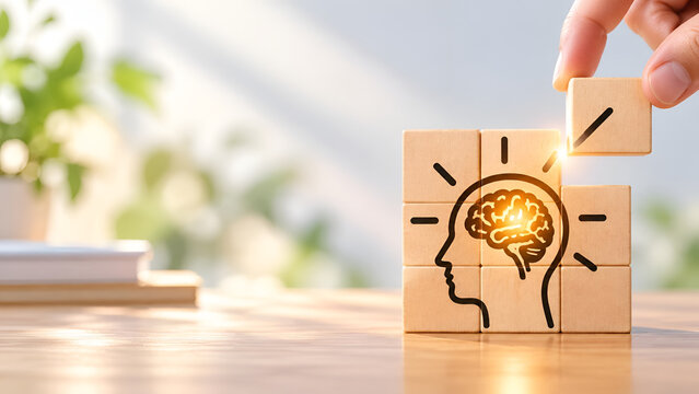Creative representation of cognitive process with brain illustration on building blocks. Conceptual image for innovation and intellectual growth.