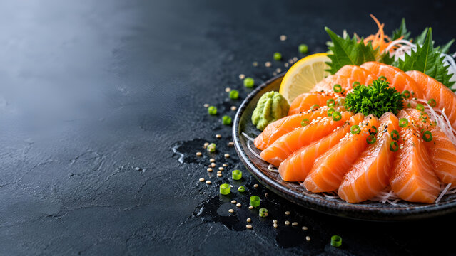 Elegant plate of fresh salmon sashimi with garnishes on a dark slate surface, perfect for food enthusiasts and culinary presentations.
