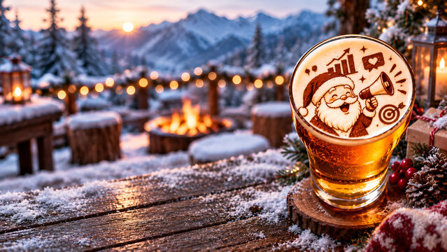 Festive beer with Santa froth set on a snowy mountain lodge table, with twinkling lights and a warm fire, capturing the essence of holiday cheer.