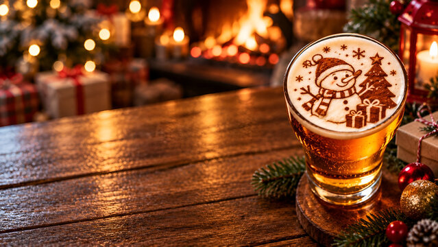 Festive beer on wooden table with Christmas decoration, cozy fireplace in the background, featuring holiday-themed foam art for a cheerful atmosphere.