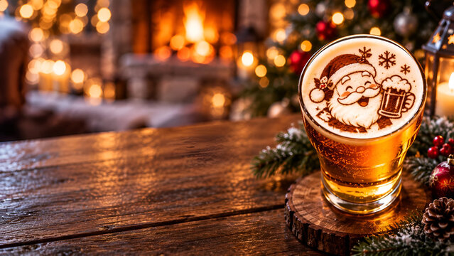Festive beer with Santa-themed foam art on a wooden table, next to a cozy fireplace and Christmas decorations, evoking holiday cheer and warmth.