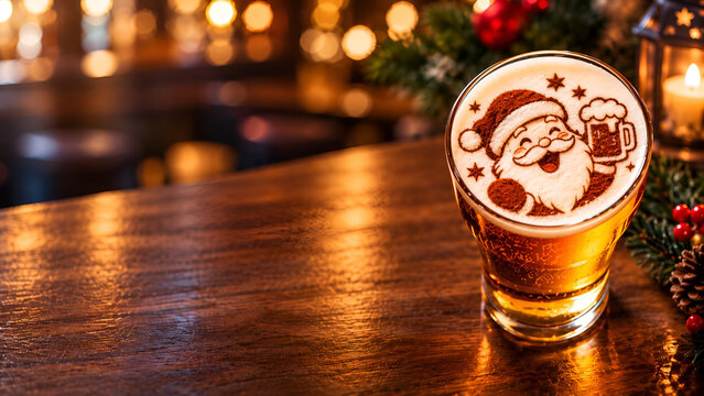 Festive beer with Santa latte art sits on a cozy wooden bar surrounded by Christmas decor, exuding holiday warmth and cheer in a lively pub setting.