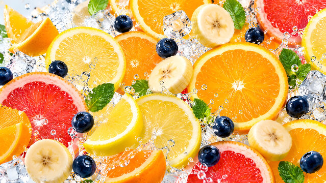 Fresh citrus and berries in sparkling water, featuring vibrant oranges, bananas, grapefruit, and blueberries for a refreshing and healthy treat.