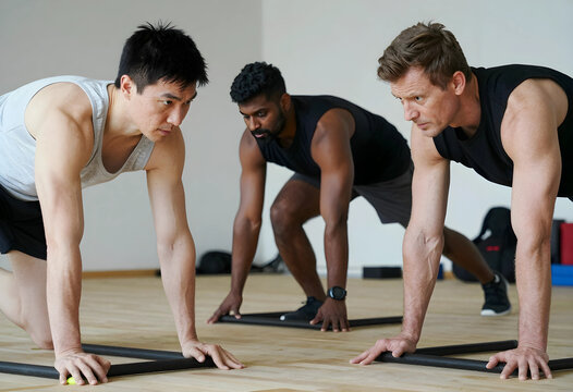 Fitness motivation and teamwork diverse men training with sliders in a gym for strength endurance and athletic performance in a group exercise class