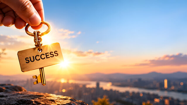 Key to success concept overlooking a scenic sunset view of a river and mountains, symbolizing opportunity and motivation in achieving one's goals.