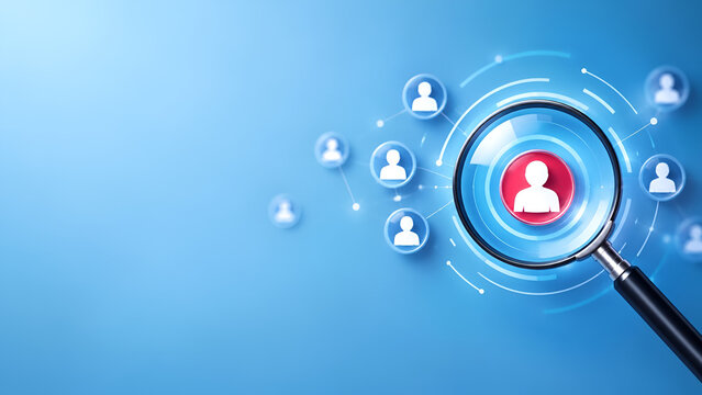 Magnifying glass highlighting person icon on digital screen, symbolizing recruitment and search for qualified candidates in the business industry.