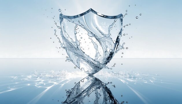 Shield symbol made of splashing water with reflection on a blue surface
