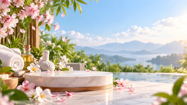 Tranquil spa setting overlooking serene lake and mountains, adorned with cherry blossoms and natural elements, conveying relaxation and peace.