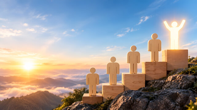 Wooden figures on steps visualize personal growth and leadership with sunrise backdrop, symbolizing ambition and professional success in business and life.