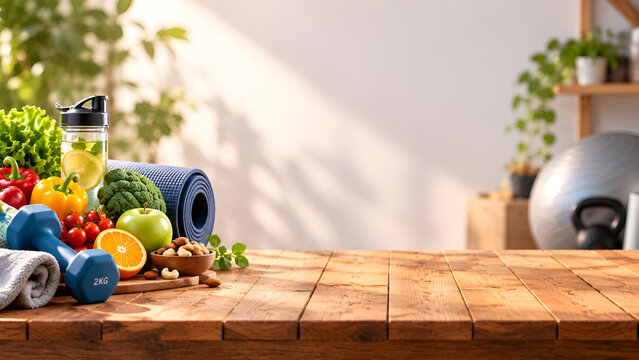 Wooden table with fresh fruits, vegetables, and workout gear, symbolizing a healthy lifestyle. Natural light and plants create an inviting atmosphere.