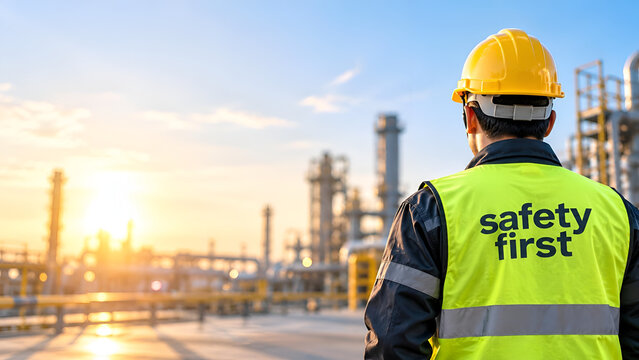 Worker in safety gear observing industrial plant at sunset, highlighting safety and efficiency. Emphasizes the importance of safety in industrial environments.