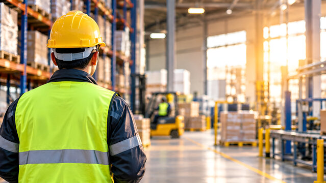Worker in high-visibility vest and helmet observes organized warehouse with forklift and stacked pallets under bright industrial lighting.