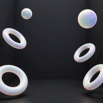 group five white spheres floating air against black background spheres different sizes shapes largest one center two smaller ones either side largest sphere light blue color while smaller ones pale