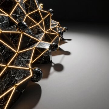 rendering geometric object black gold color scheme object appears series interconnected lines dots creating grid like pattern lines arranged way creates sense depth dimension while dots scattered