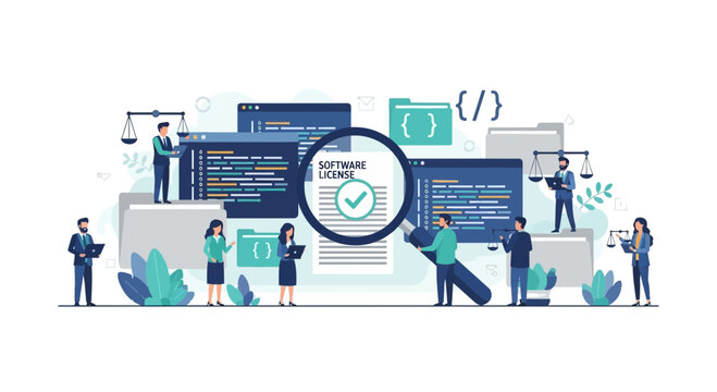 Software License Compliance and Legal Review Concept Illustration with IT Professionals and Developers