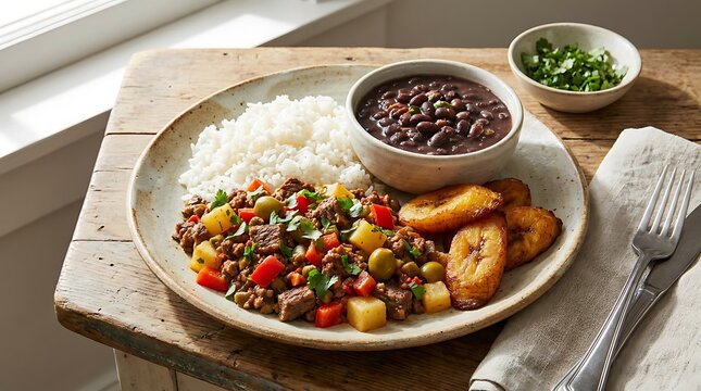 Traditional cuban picadillo meal with rice black beans and fried plantains on a rustic wooden table. Authentic Cuban cuisine