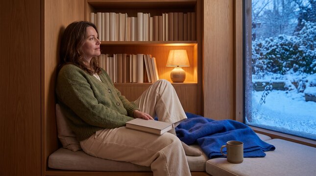 Woman pauses with a book in winter library alcove
