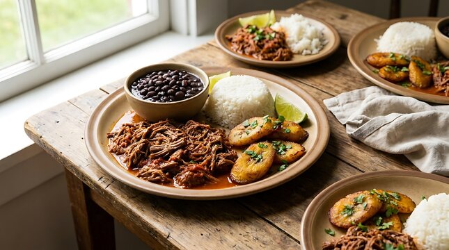 Traditional pabellon criollo meal with shredded beef rice black beans and fried plantains on a table. Authentic Cuban cuisine