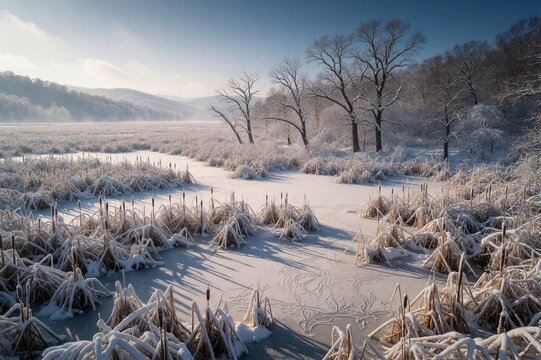 A serene winter morning scene features a frozen marsh landscape with snow-covered cattails and leafless trees set against a clear blue sky.