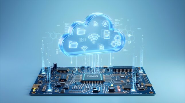 Cloud computing technology integrated with computer circuit board hardware and software digital transformation concept