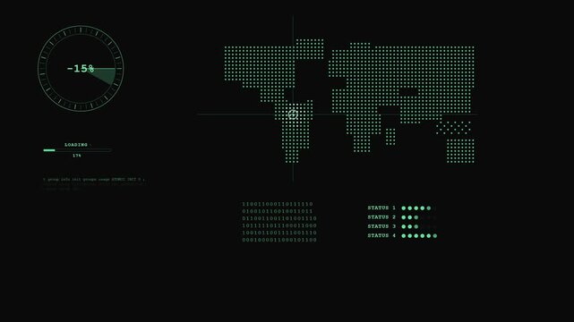 Military Radar HUD Display with Dotted World Map and Tactical Targeting Crosshair on Black Screen for Sci-Fi Cyberpunk B-Roll