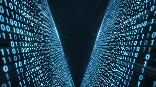 Abstract digital background with glowing blue binary code streams representing data processing and information technology