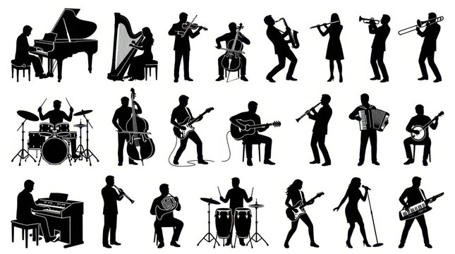 Musician Silhouettes Set Featuring Orchestra and Band Members Playing Instruments Like Piano, Guitar, Drums, and Violin