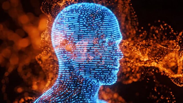 Digital human head with glowing blue and orange particles