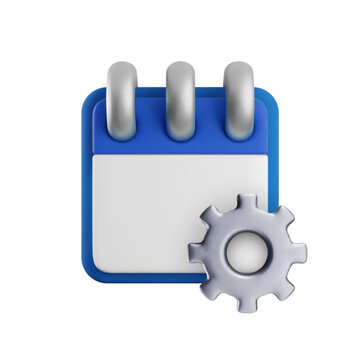 Vector realistic cartoon 3D calendar settings icon. Calendar planner with metallic gear. Schedule management, configuration, planning, appointment, reminder, task organization, time management concept