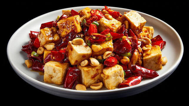Spicy kung pao tofu with peanuts and chili peppers in a white bowl spicy food vegan food.