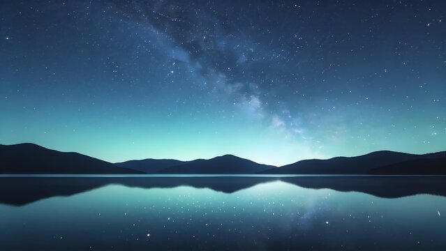 Milky Way Galaxy Over Silhouetted Mountains and Calm Lake at Night