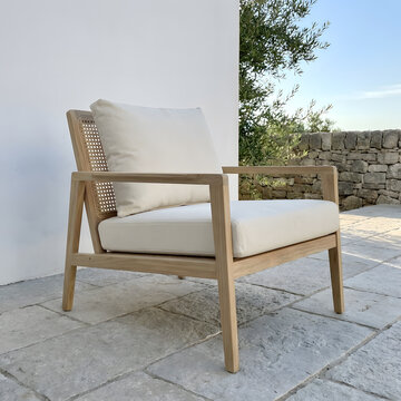 Modern Teak Outdoor Lounge Chair | Luxury Patio Furniture | Rattan Backrest Armchair