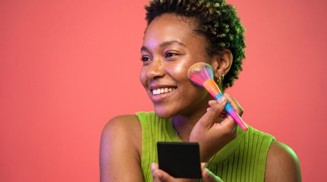 Young woman applying shimmer with colorful brush
