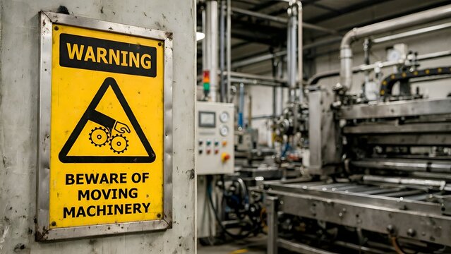 Yellow Warning Beware of Moving Machinery Sign in Factory
