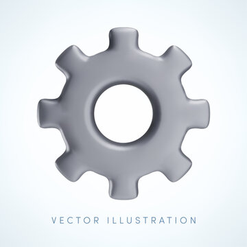 Vector realistic 3D gear icon. Metallic cogwheel settings symbol, realistic render of engineering, mechanism, configuration, setup, tools and technology element for app, web, interface, infographic