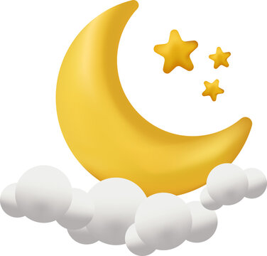 3D crescent moon with yellow stars and fluffy white clouds icon vector illustration isolated on white background