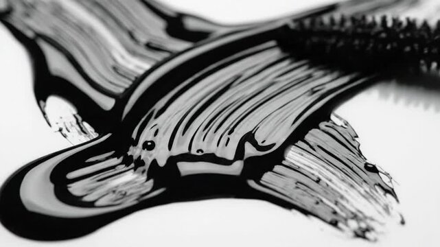 Black mascara application with brush on white surface for beauty and makeup concept close up